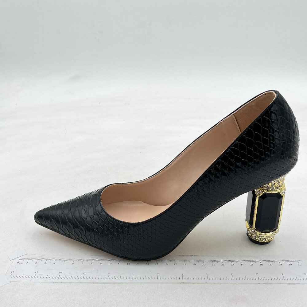 Fsj Black Snake Print Pointed Toe Block High Heel… - image 2